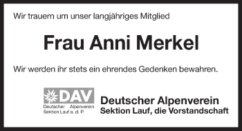 Traueranzeige von Anni Merkel von Pegnitz-Zeitung